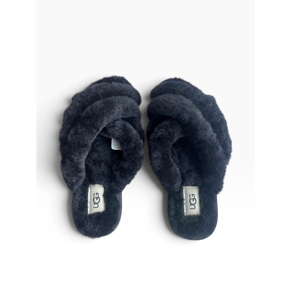 UGG Scuffita Black Sheepskin Crisscross Slide Slippers Womens Size 8